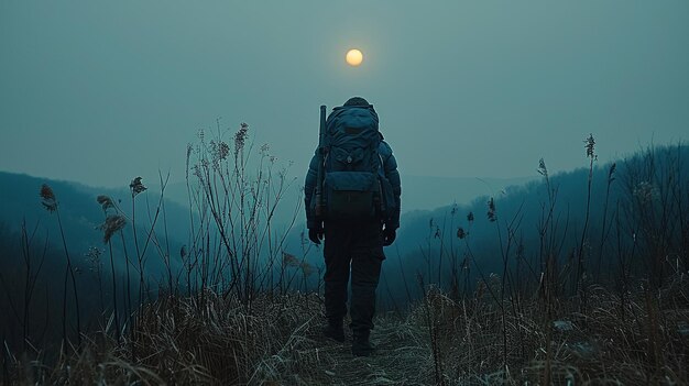 A man is walking in the woods with a backpack