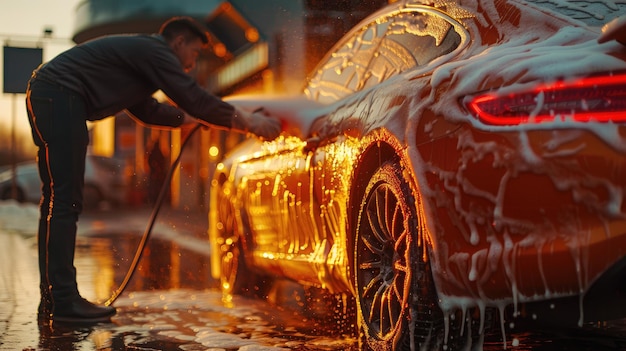 Photo a man is washing his car solid color background 4k ultra hd