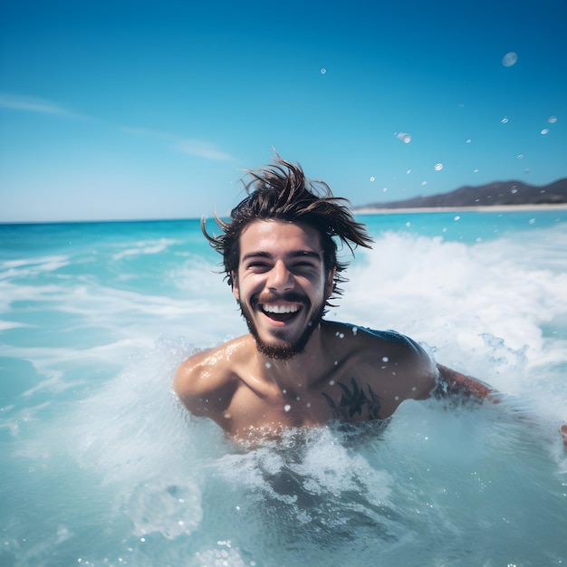 A man is in the water and he is smiling.