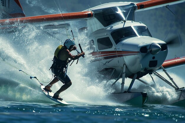 a man is water skiing on the water with a sailboard