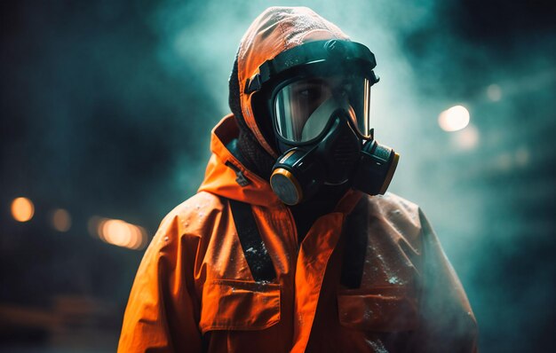 A man is wearing his safety gear in front of dark smoke