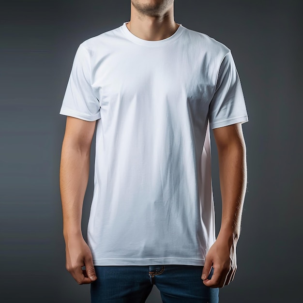 A man is wearing a plain blank white tshirt with half sleeves both on the front and back sides mockup