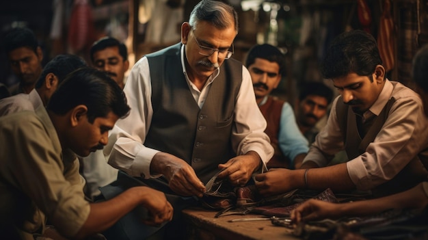 Photo a man is working on a board with other men