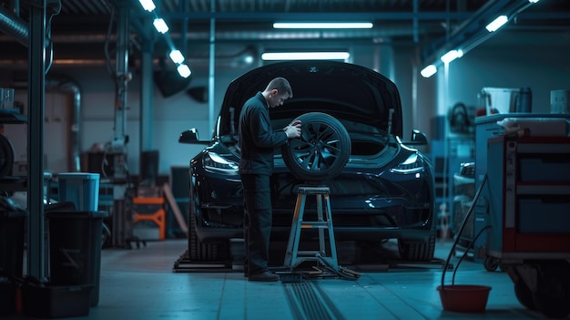 A man is working on a car in a factory AIG41