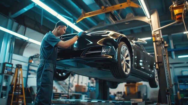 A man is working on a car in a factory aig