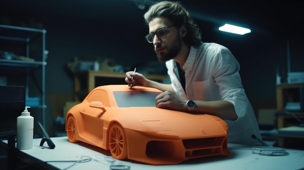 A man is working on a car with a model of a sports car.