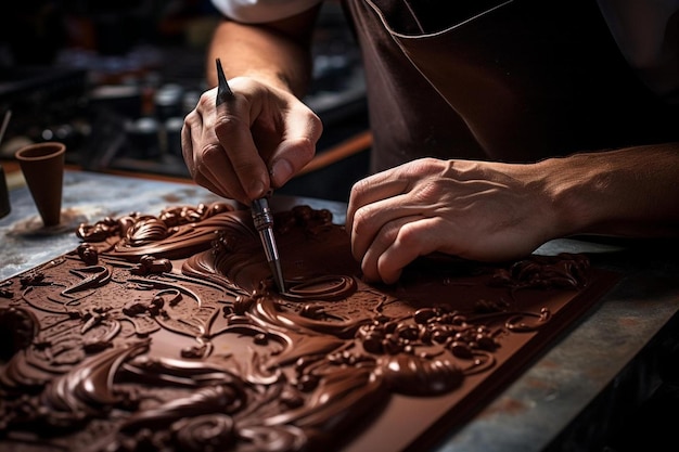 мужчина работает над шоколадным тортом.