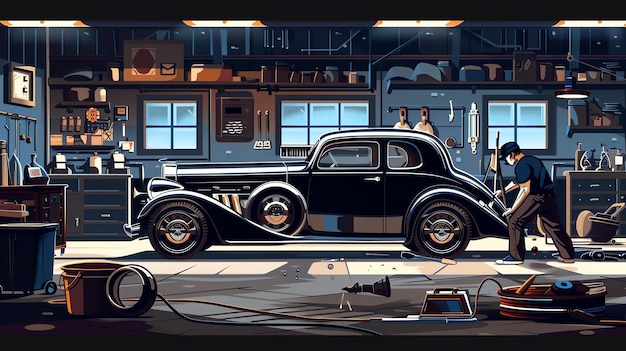 Foto un uomo sta lavorando su un'auto classica nel suo garage è circondato da attrezzi e parti di auto l'auto è un modello nero degli anni '30