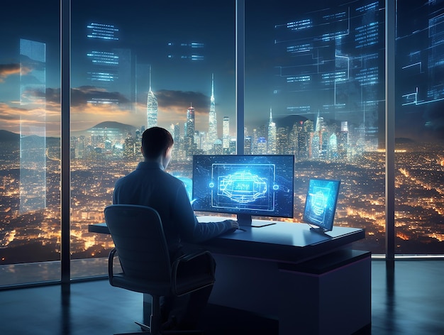 パノラマの窓と大都市の景色を背景に、男性がコンピューターで作業している