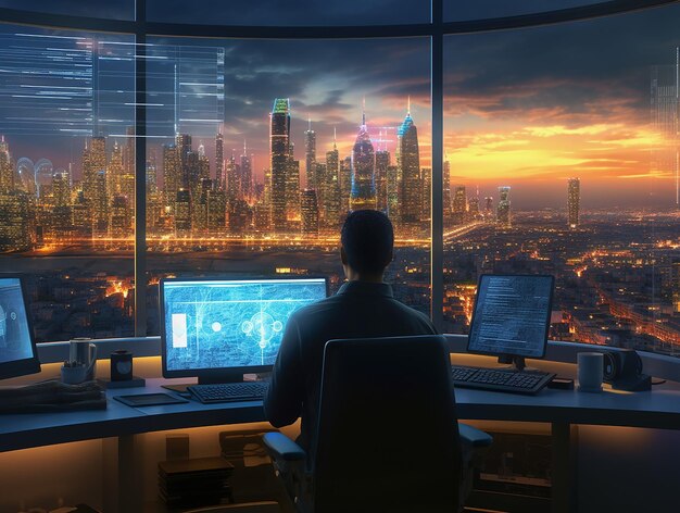 A man is working at a computer against the background of a panoramic window and a view of metropolis