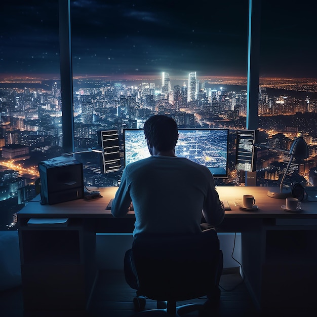 a man is working on a computer in a building at night.