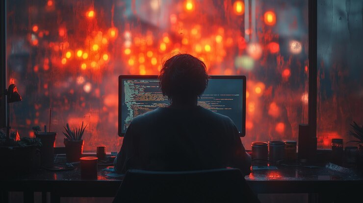 Photo a man is working on a computer in front of a window with a lit up red light