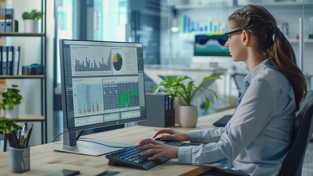 a man is working on a computer with a computer screen showing a graph