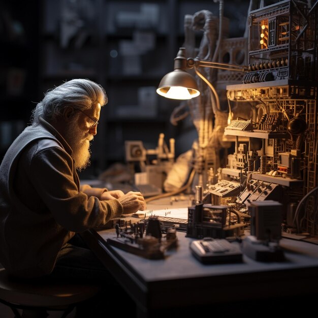 a man is working on a computer with a light on it.