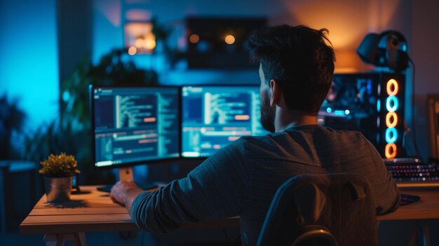 Man is working on computer