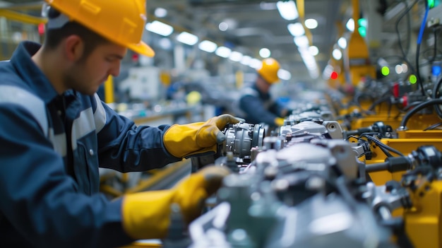 A man is working on a engine in a factory AIG41