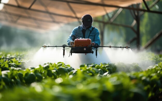 Photo a man is working in a field of lettuce.