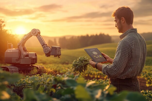 a man is working in a field with a robot and the word quot is written on it quot