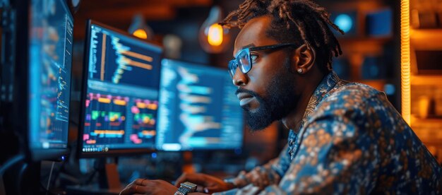 Man is Working on His Computer at Night extreme closeup Generative AI