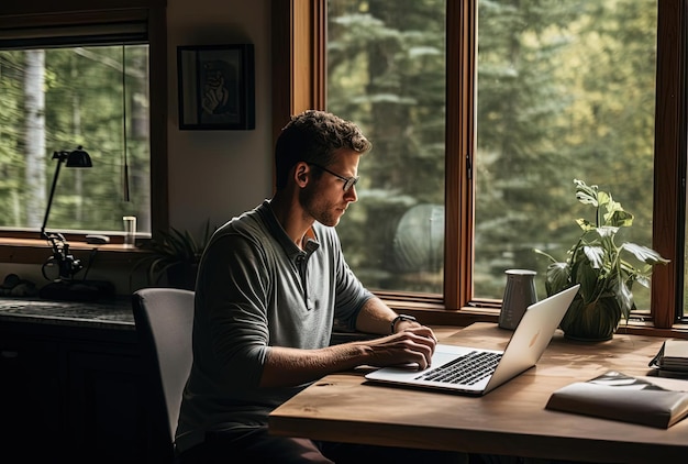 мужчина работает дома на своем ноутбуке в стиле Studyblr