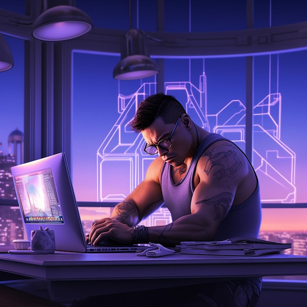 A man is working on a laptop in front of a cityscape.