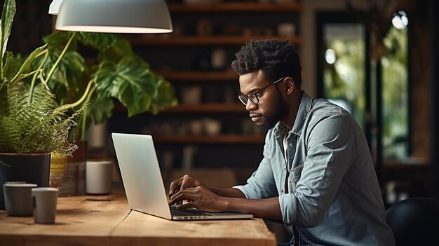 Photo a man is working on a laptop in front of a lamp