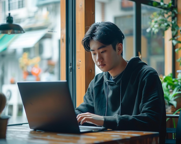 a man is working on a laptop and he is using a laptop