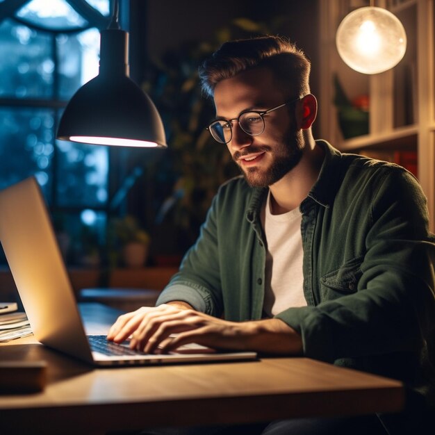 a man is working on a laptop and he is using a laptop