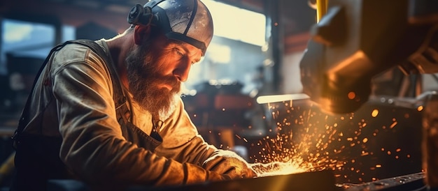 Man is working at metal factory with helmet