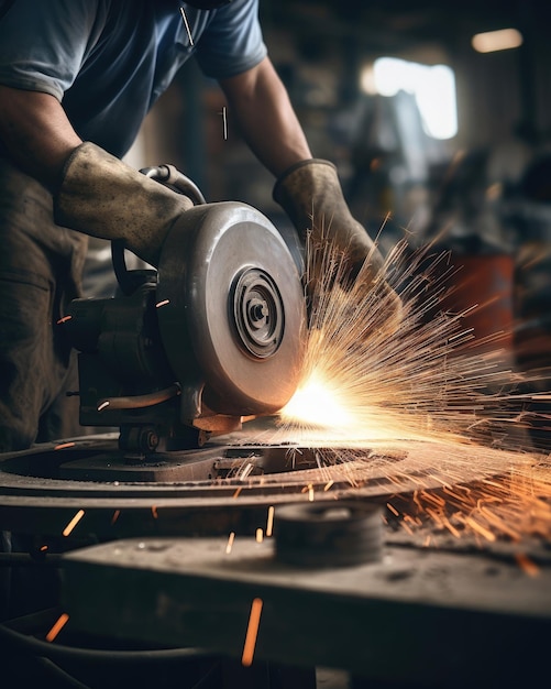 a man is working on a metal piece with a metal excavator in the background.