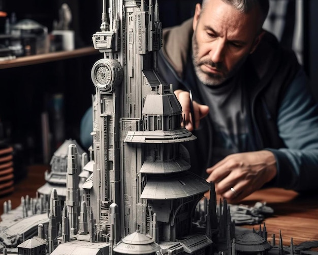 Foto un uomo sta lavorando su un modello di un edificio.
