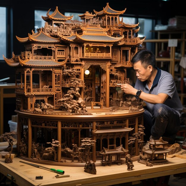 Photo a man is working on a model of a wooden model of a building.