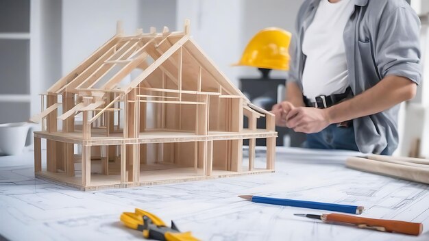 Photo a man is working on a model of a wooden model house