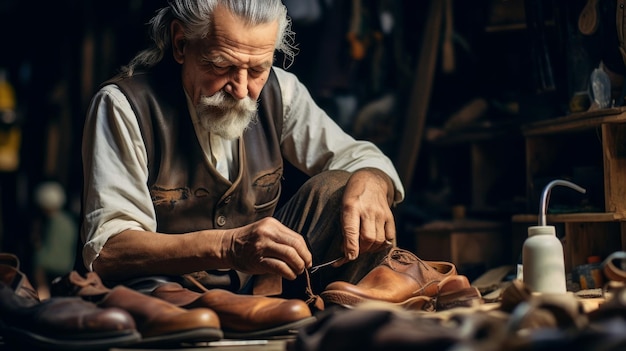 Photo a man is working on a pair of shoes