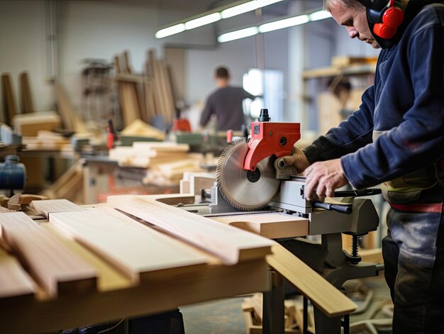 a man is working on a piece of wood with a red tool.