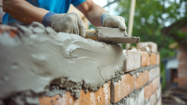 man is working on plastering a brick wall applying a smooth layer of plaster with a trowel