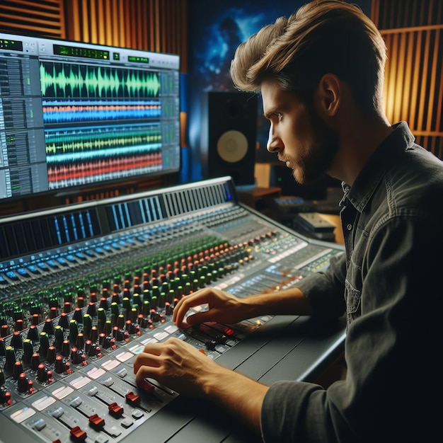 a man is working in a recording studio with the sound board in the background