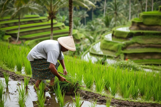 Photo a man is working in a rice field