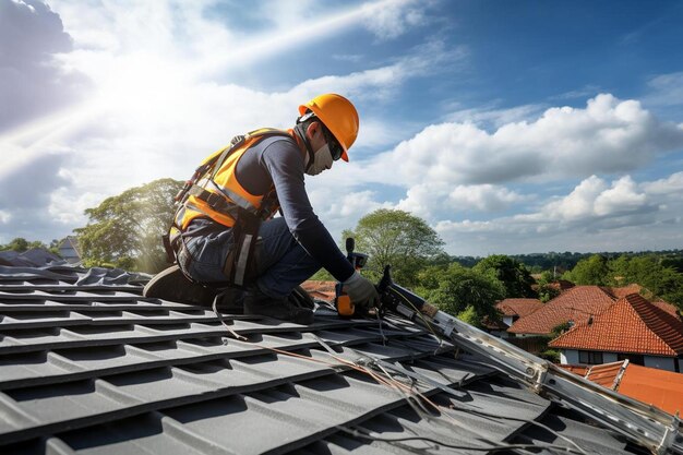 a man is working on a roof with a hammer