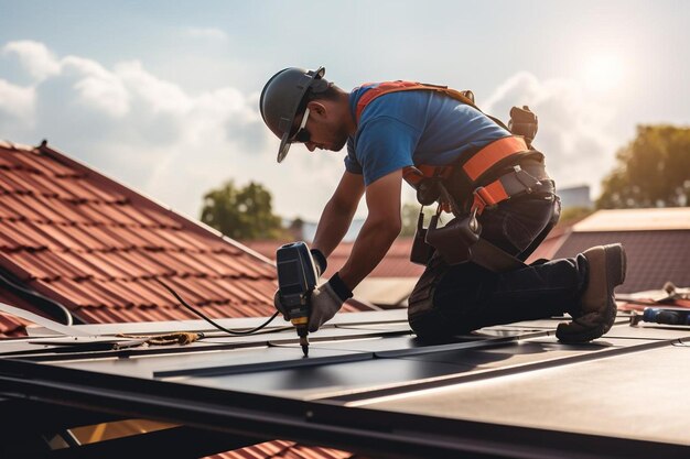 a man is working on a roof with a screwdriver