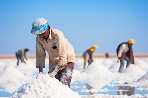 A man is working in a salt field