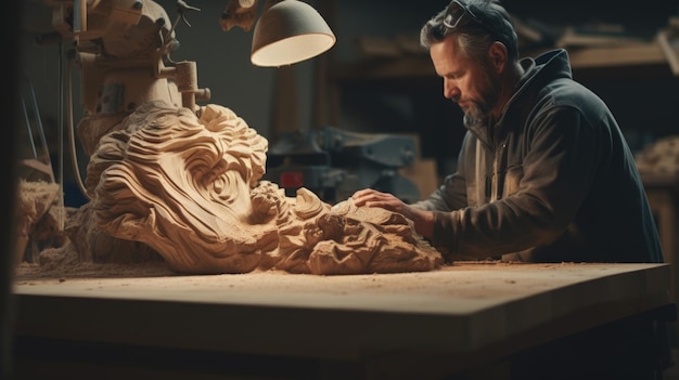 A man is working on a sculpture in a wood shop ai