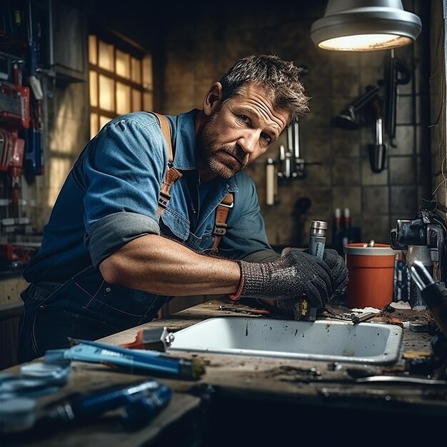 a man is working at a sink in a room with a lot of tools