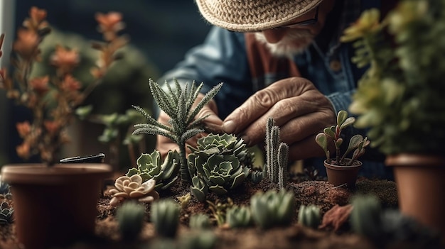 한 남자가 작은 선인장 정원에서 지구의 날 생태학을 연구하고 있습니다.