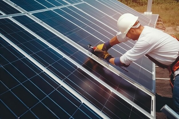 A man is working on a solar panel.