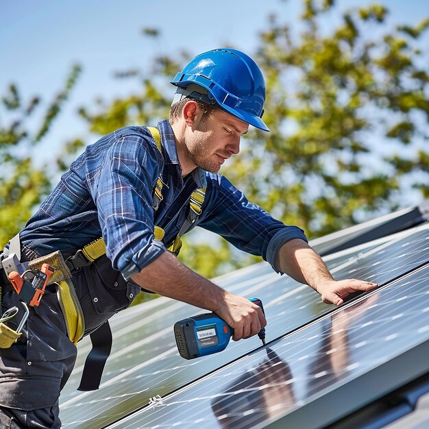 a man is working on a solar panel