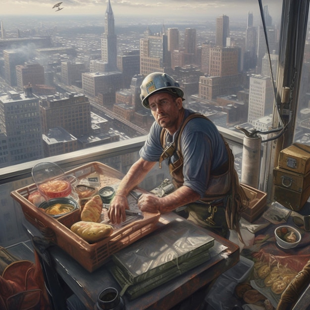 A man is working on a table with a view of a cityscape.