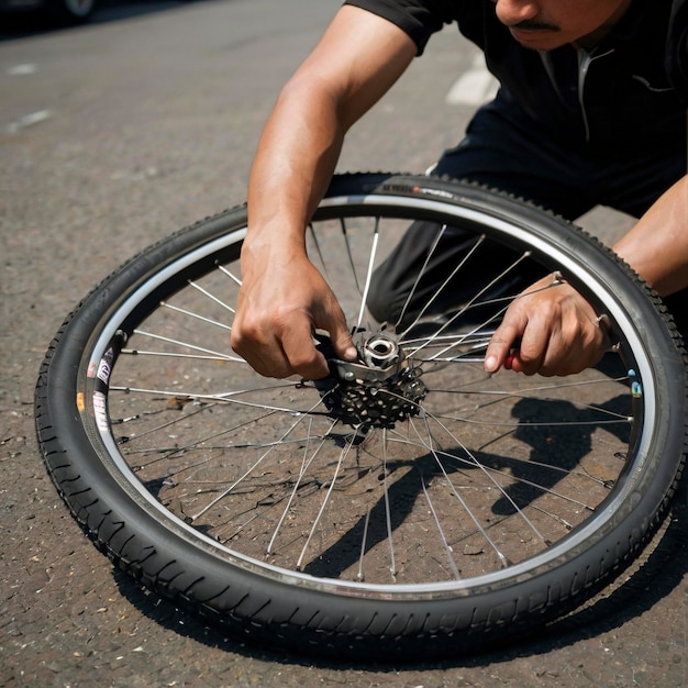 Photo a man is working on a tire with a wrench