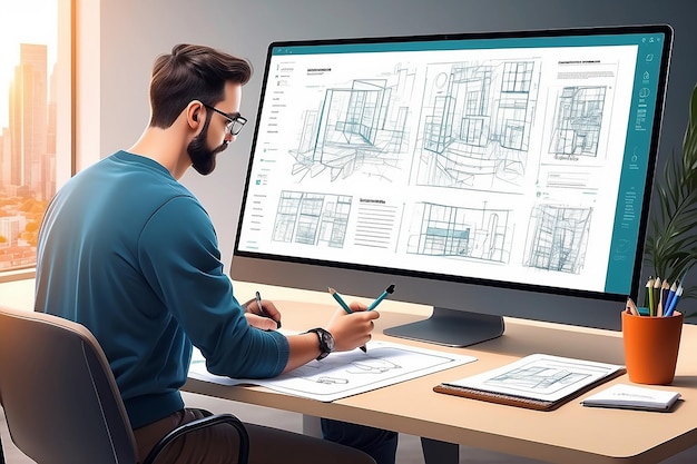 Photo man is working on ui ux design project designer drawing scetch in vector programm with big pencil