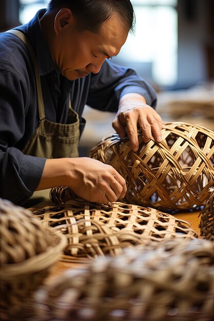 Photo a man is working on a wicker egg made by a man